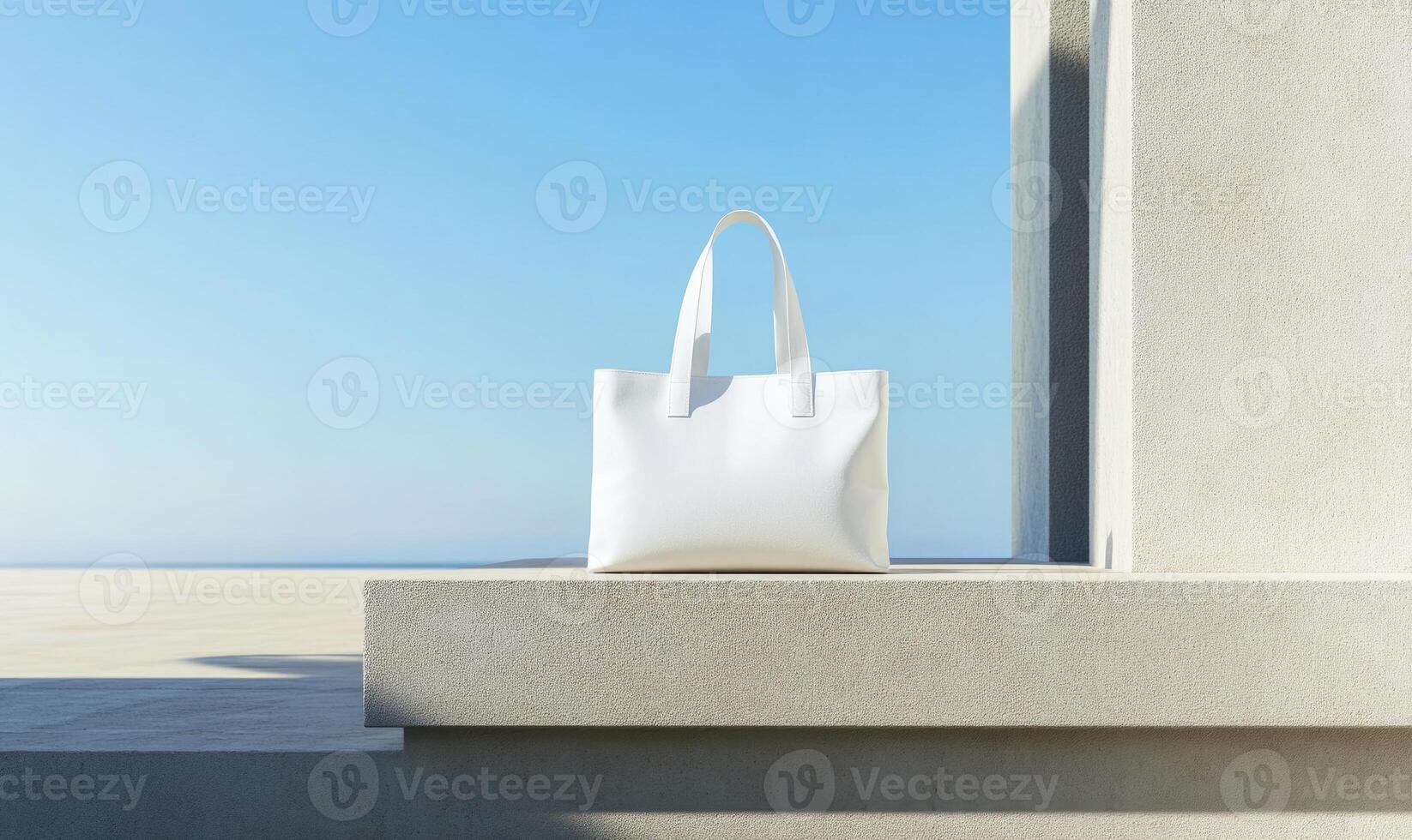 A white purse is sitting on a ledge next to a wall photo