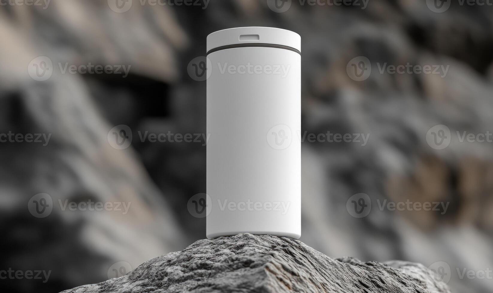 A white container is sitting on a rocky surface photo