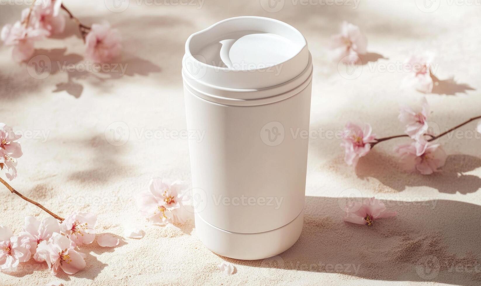 a white travel mug with a lid on it photo