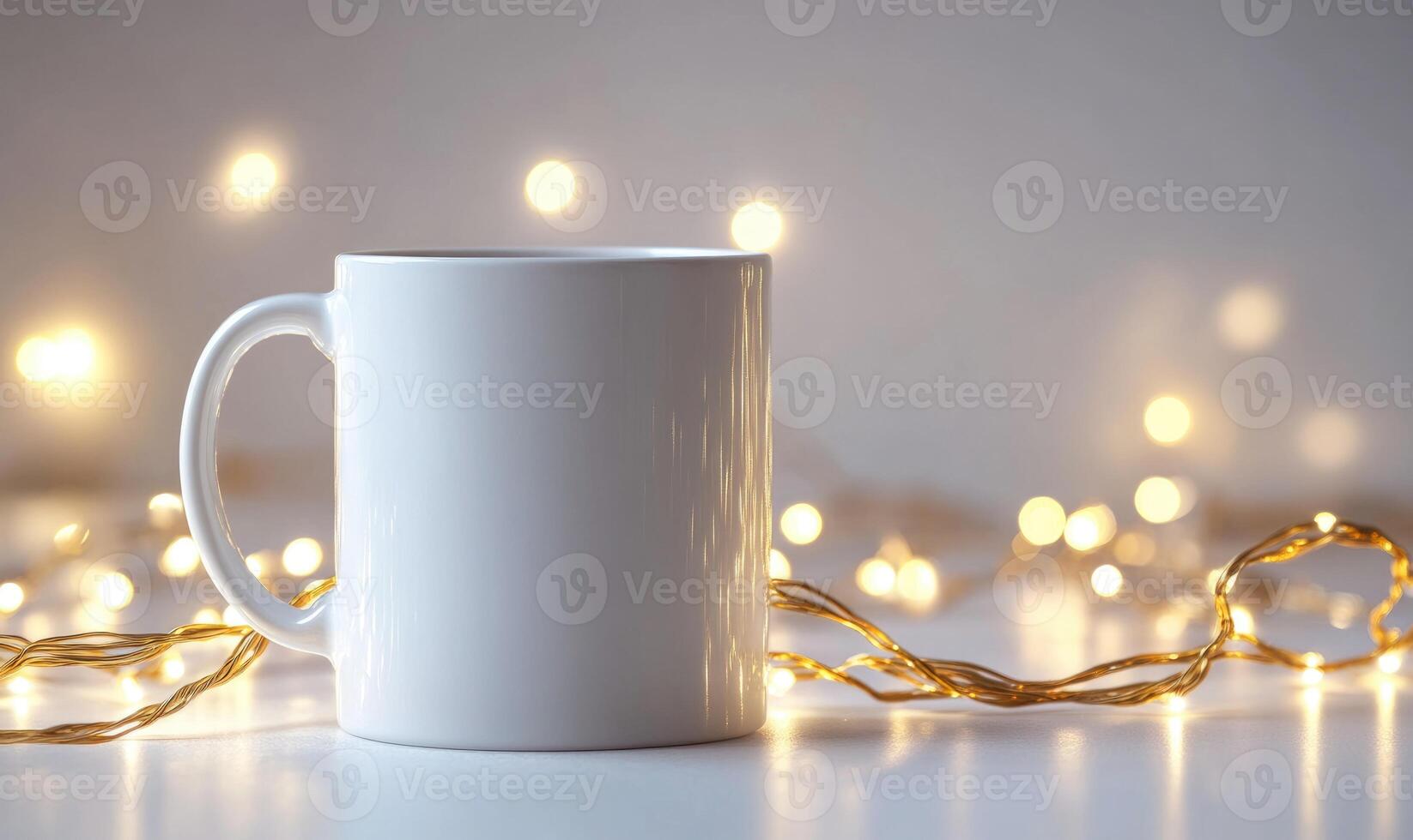 a white mug with a christmas light string around it photo