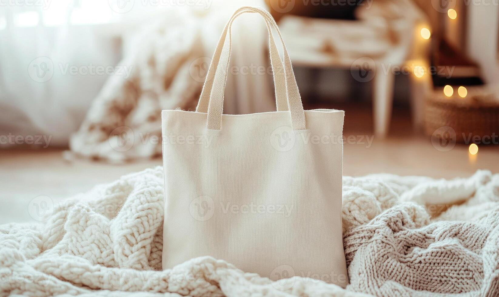 a white tote bag sitting on a bed photo