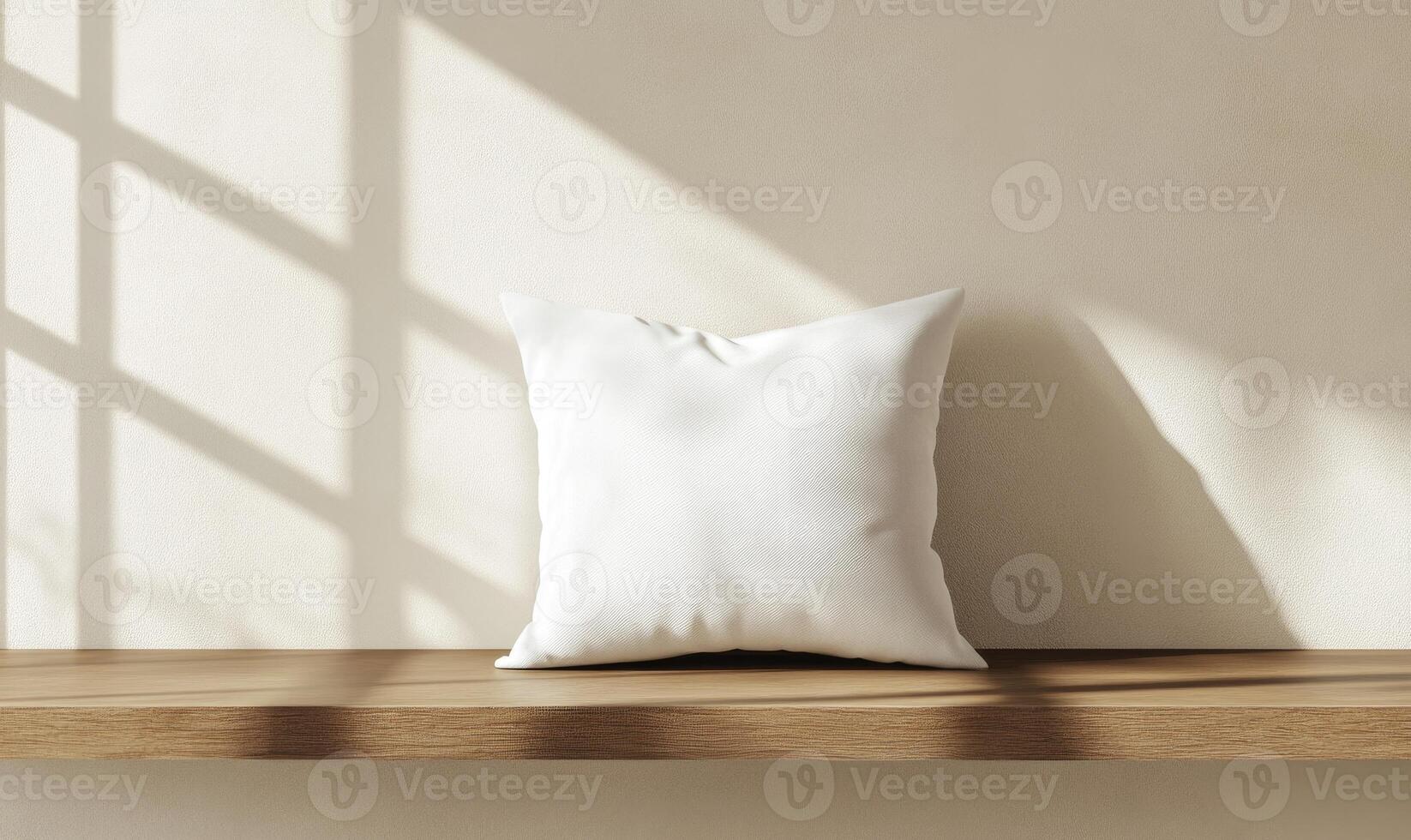 A white pillow sits on a shelf in a room with a window photo