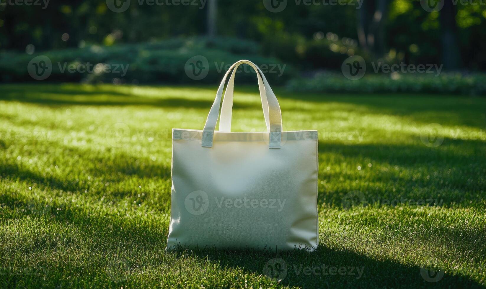 A white bag is sitting on a green grassy field photo