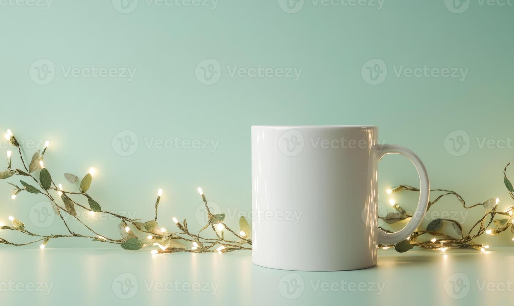 a white mug with lights around it photo