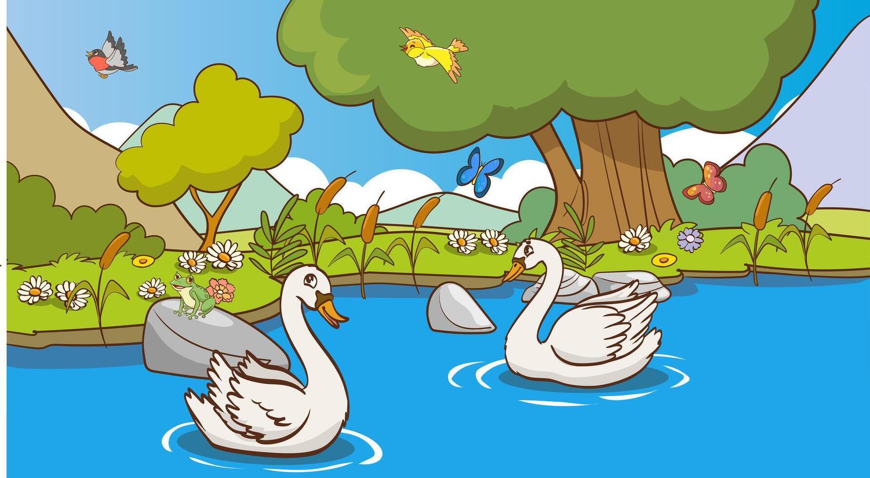 nature scene with swans swimming in the lake. vector