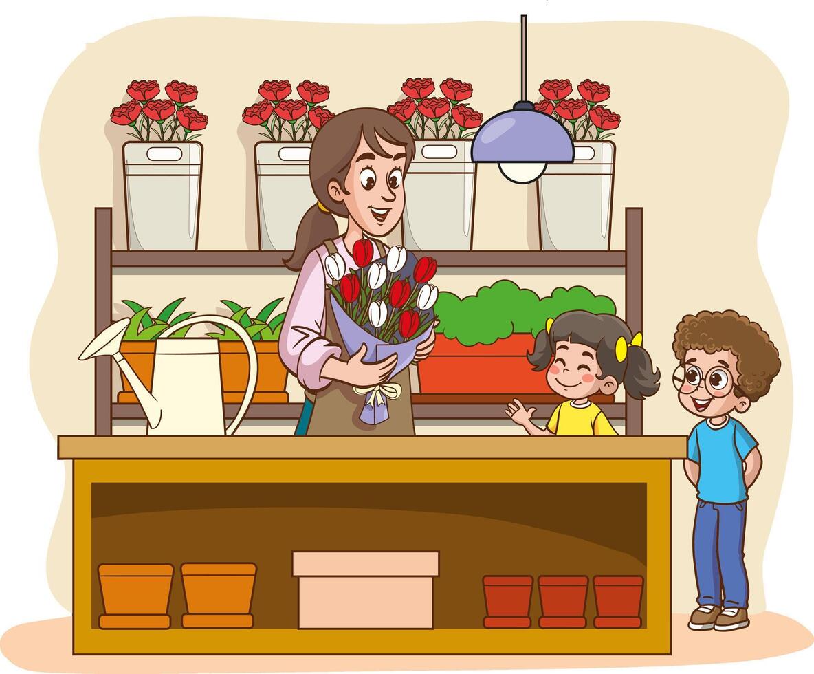 florist women working in shop with curious children illustration vector
