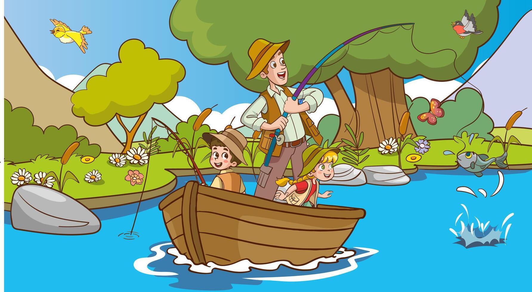 illustration of father and children fishing in boat on lake vector