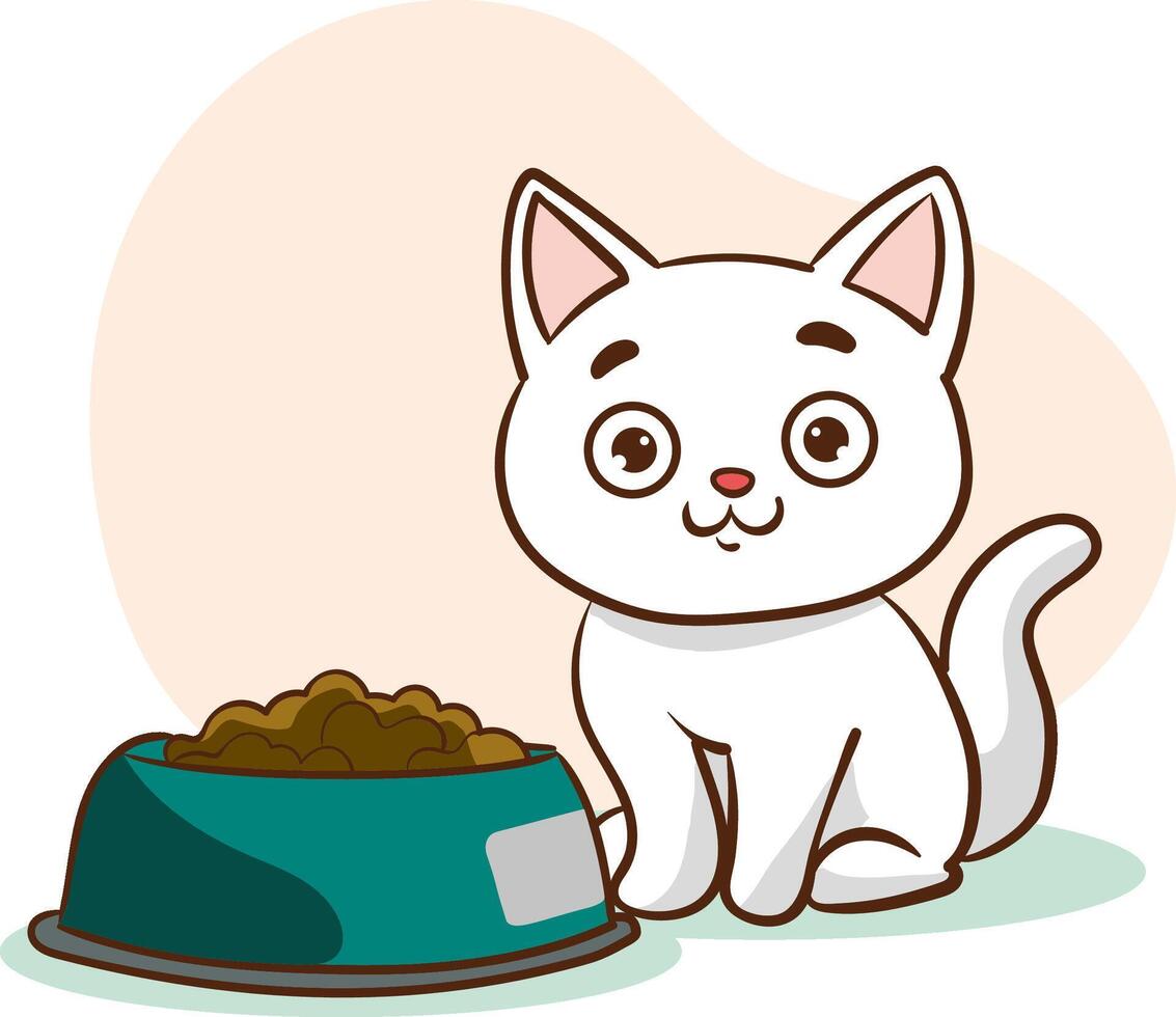 Illustration of Cute white Cat Sitting Next to a Bowl of Food vector