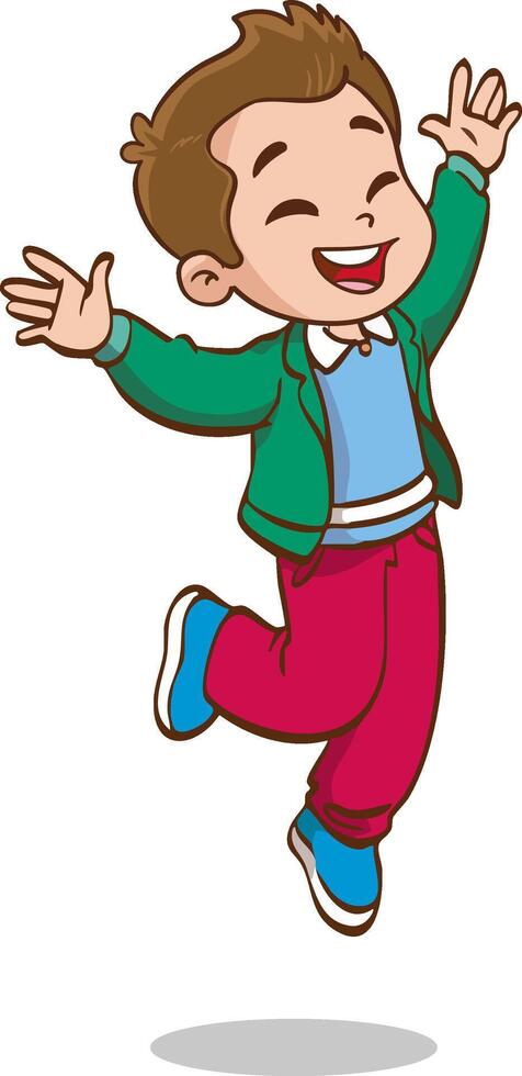cute little kid excited, jumping with both hands up, feeling happy illustration vector