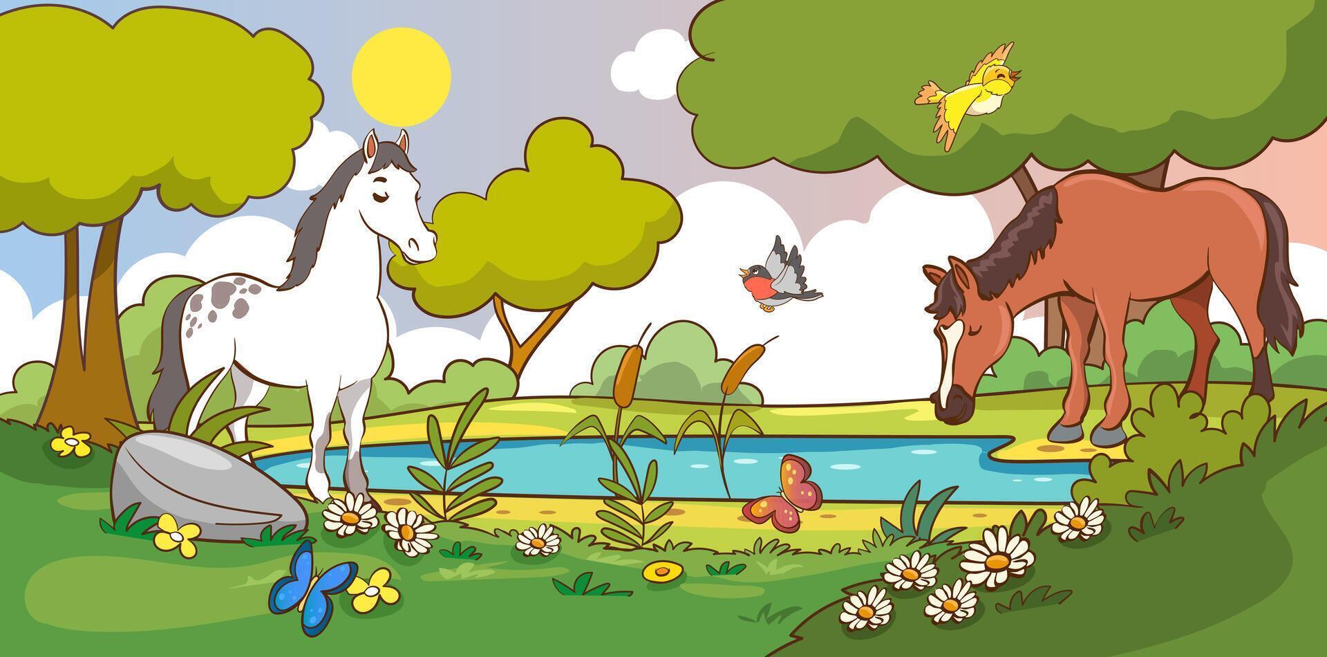 horses drinking water from a pond with nature landscape in the background vector