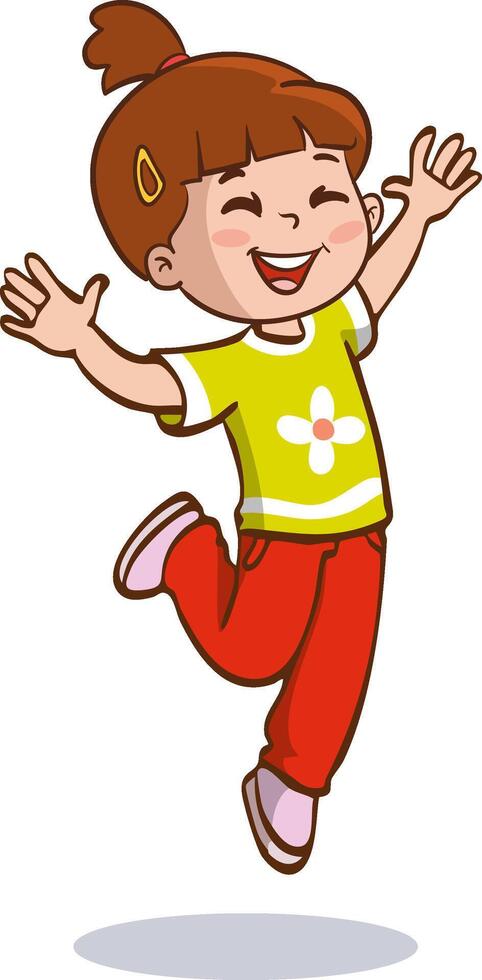 cute happy girl excited, jumping with both hands up, feeling happy illustration vector