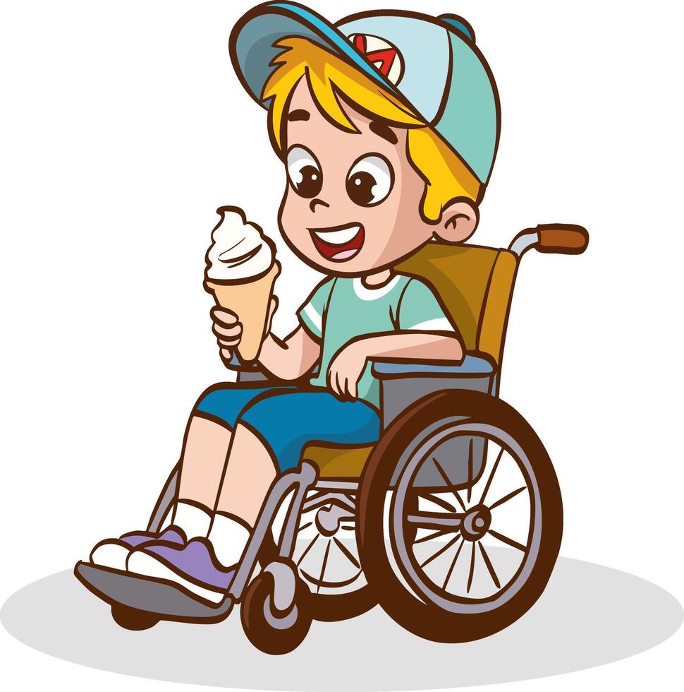 illustration of cute boy in wheelchair eating ice cream. vector