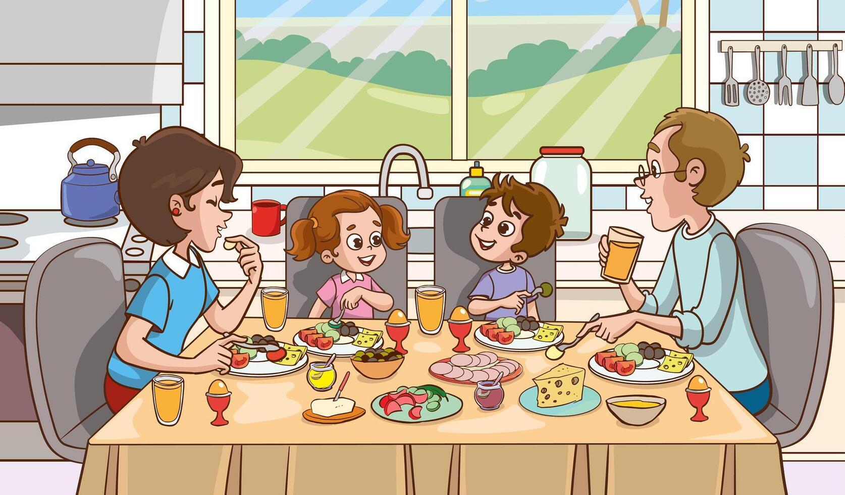 illustration of father, mother and children having family dinner or lunch or breakfast vector