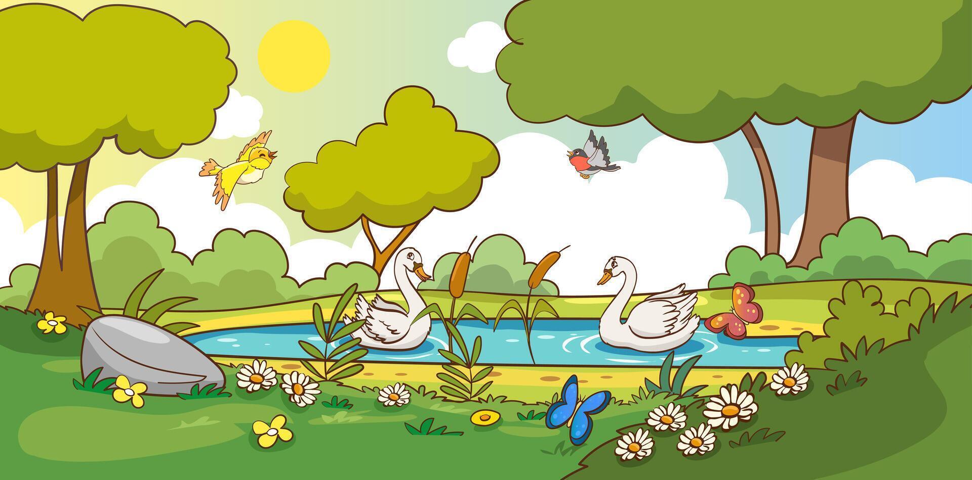 illustration of nature scene with swans swimming in the lake. vector
