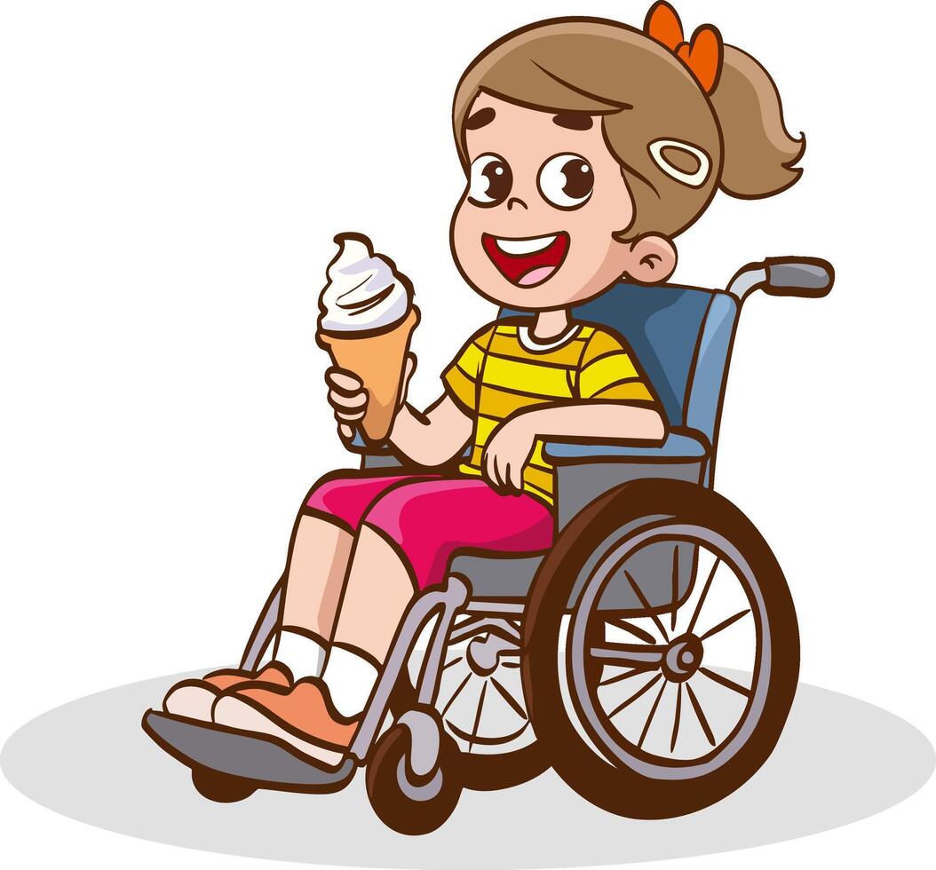 illustration of cute girl in wheelchair eating ice cream. vector