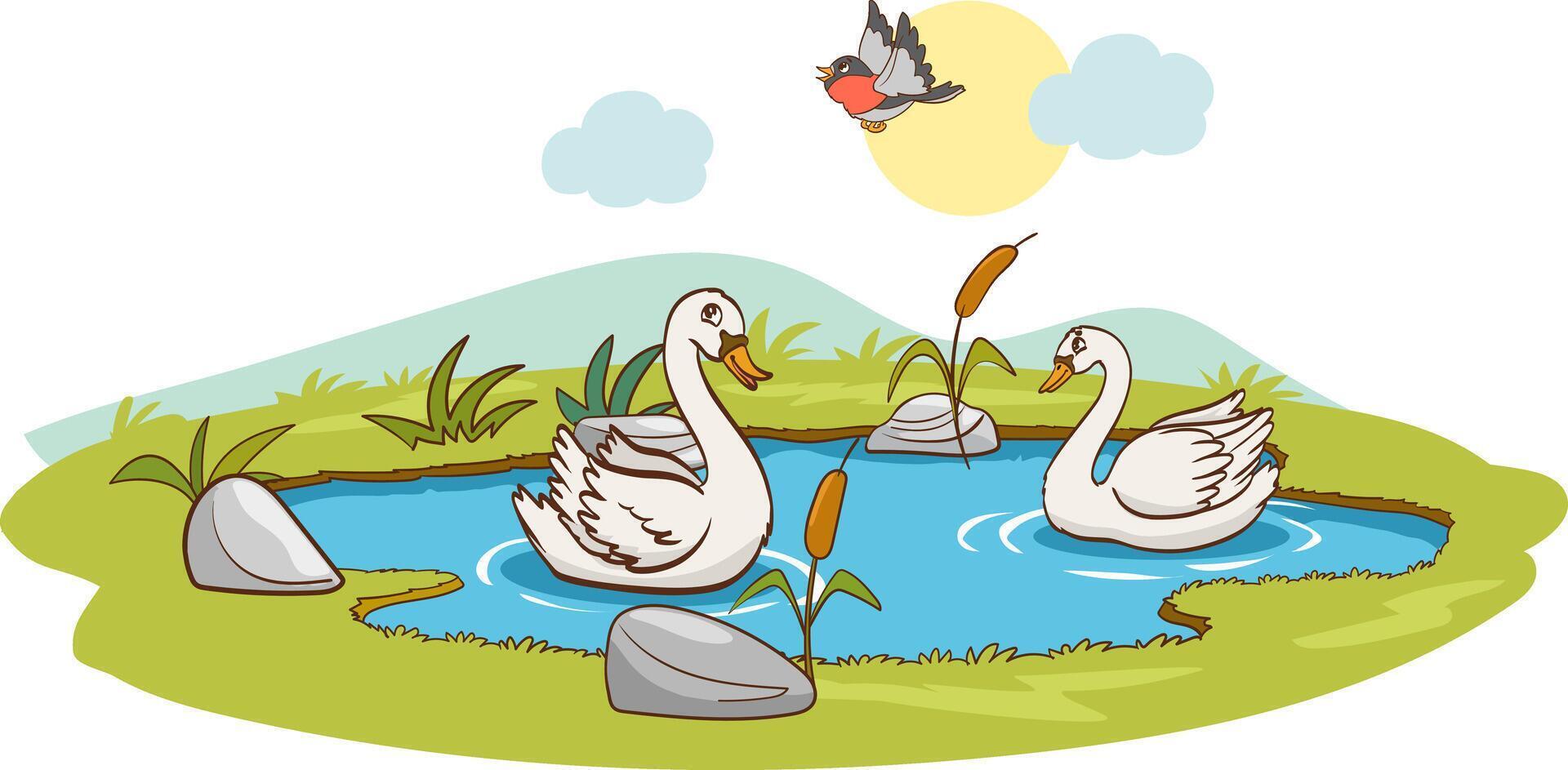 illustration of nature scene with cute swans swimming in the lake. vector