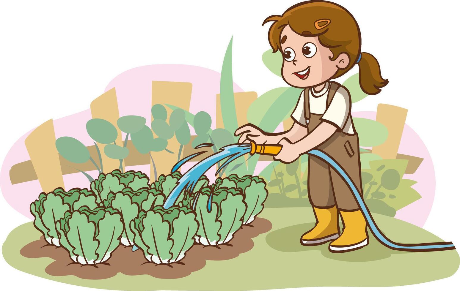 Illustration of Cute Child Watering His Plants in the Garden vector