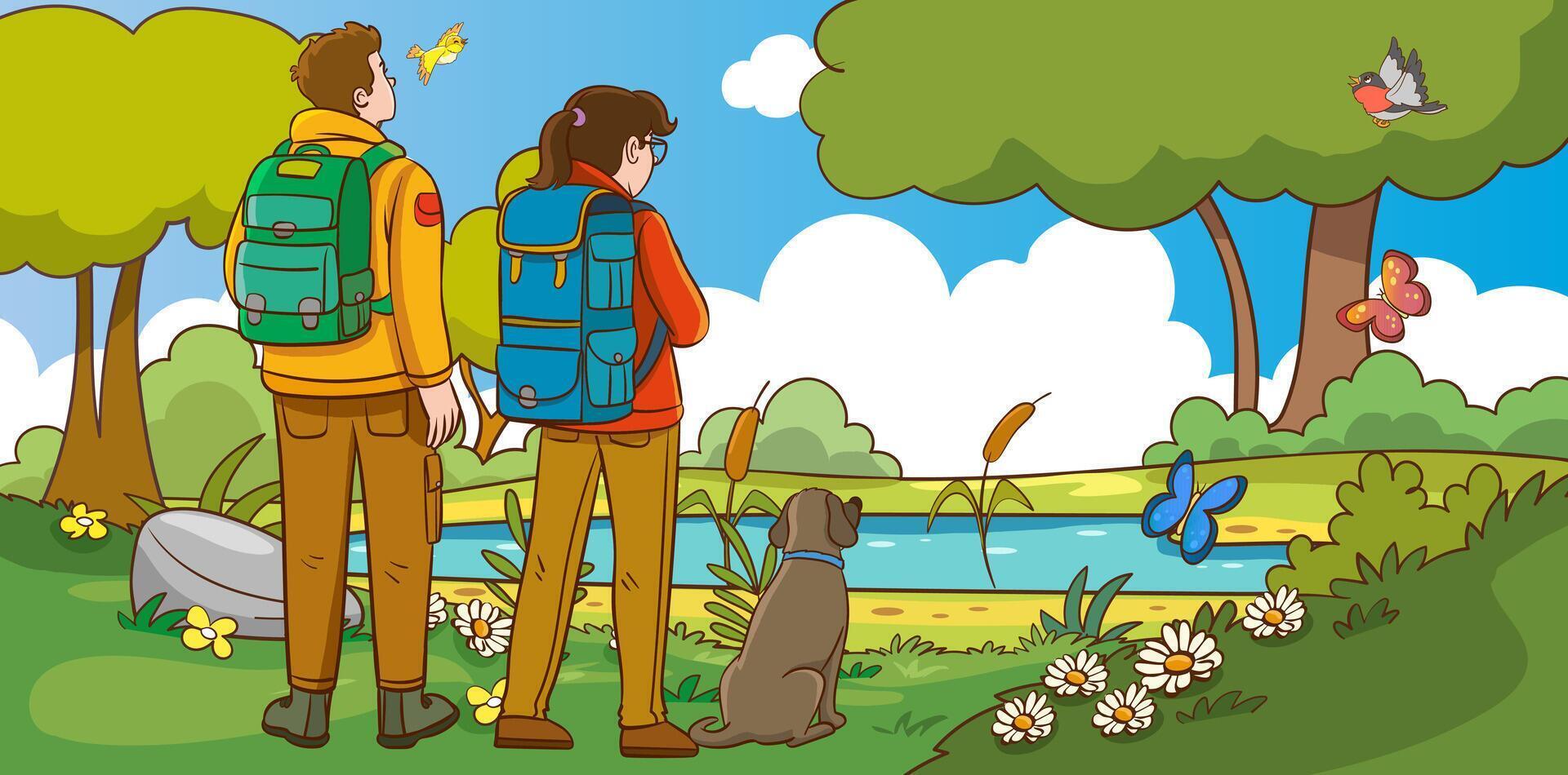 illustration of man and woman walking with their dogs in nature vector
