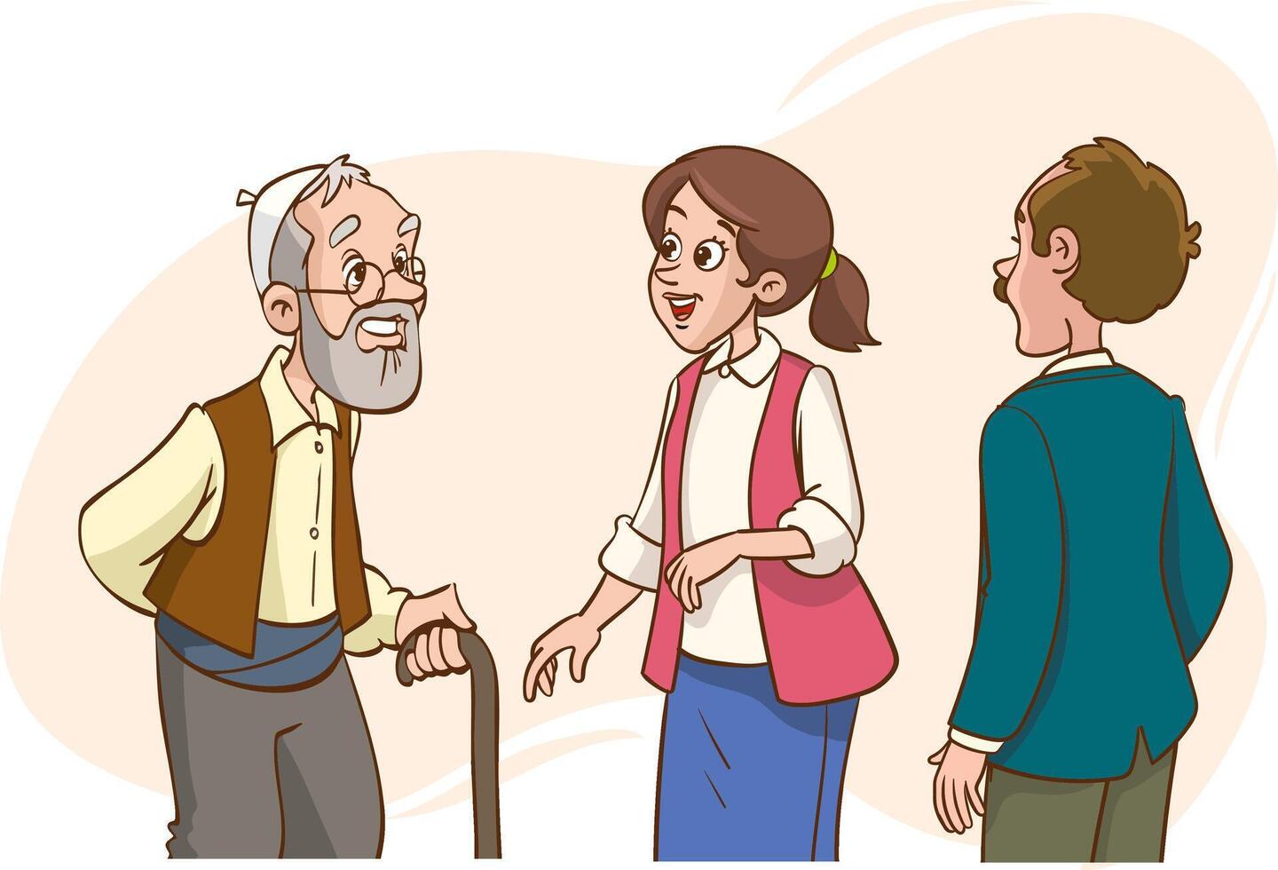 Old man with a cane talking to a man and woman illustration. vector