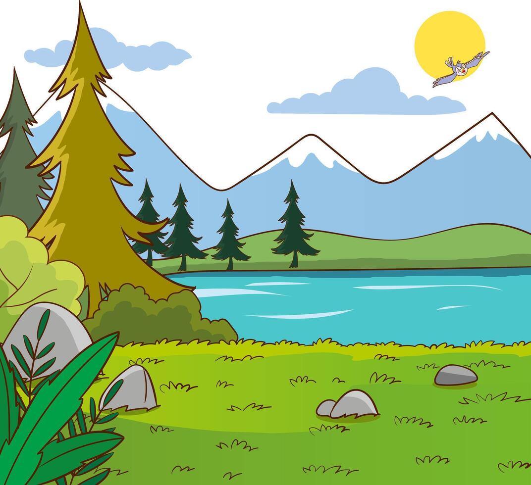 Wild nature landscape with green grass, water, sky and clouds. Panoramic summer view with lake, flowers and plants in good warm weather. vector