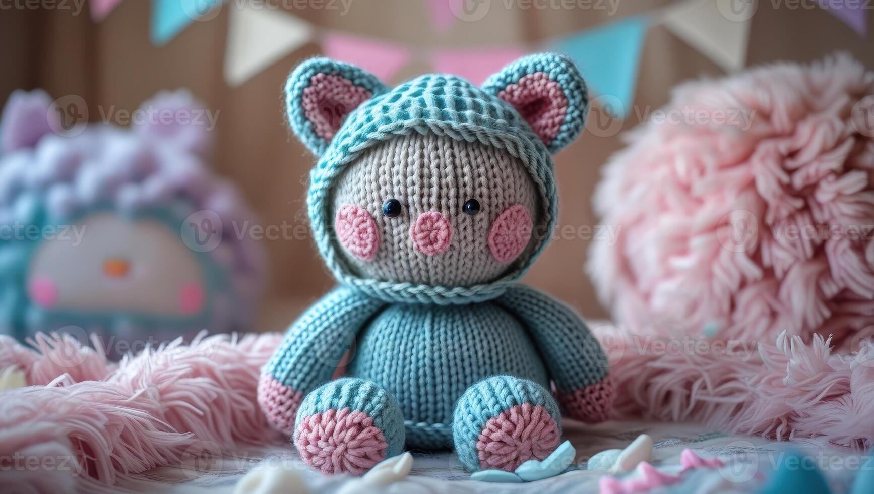 Knitted Dreams A soft, adorable bear toy nestled amidst fluffy textures and pastel colors, evoking a sense of comfort, childhood innocence, and gentle playfulness. photo