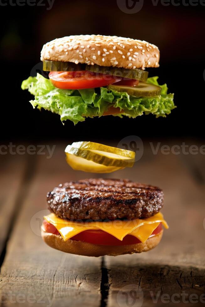 Deconstructed tasty gourmet burger with each ingredient floating in mid air, culinary art photography. photo