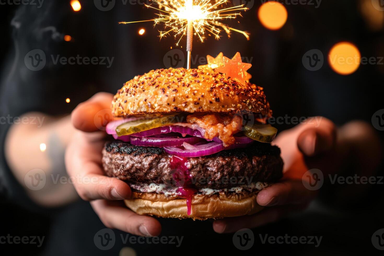 Male hands cradle a towering gourmet burger designed as a birthday cake. A single sparkler replaces the classic birthday candle, sending up glittering embers that blend with the city lights. photo
