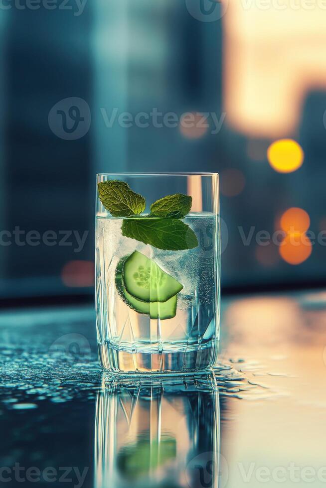 A crystal clear glass filled with a fresh cucumber and mint tonic cocktail stands on a concrete pool ledge. photo