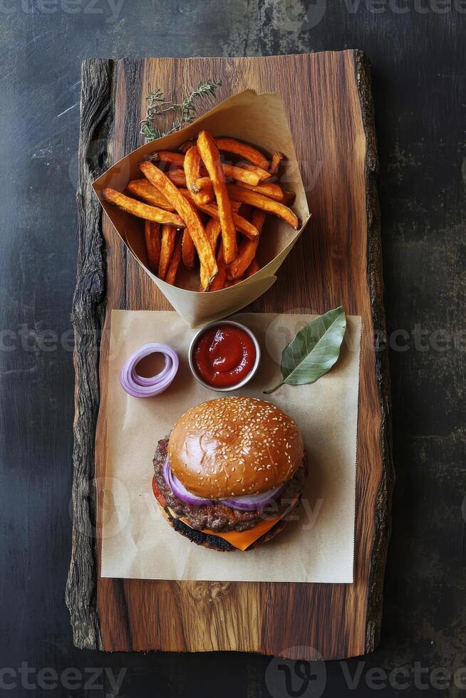 A wooden tray with burger, sweet potato fries spill from a handmade paper cone with visible pulp texture and ketchup. photo