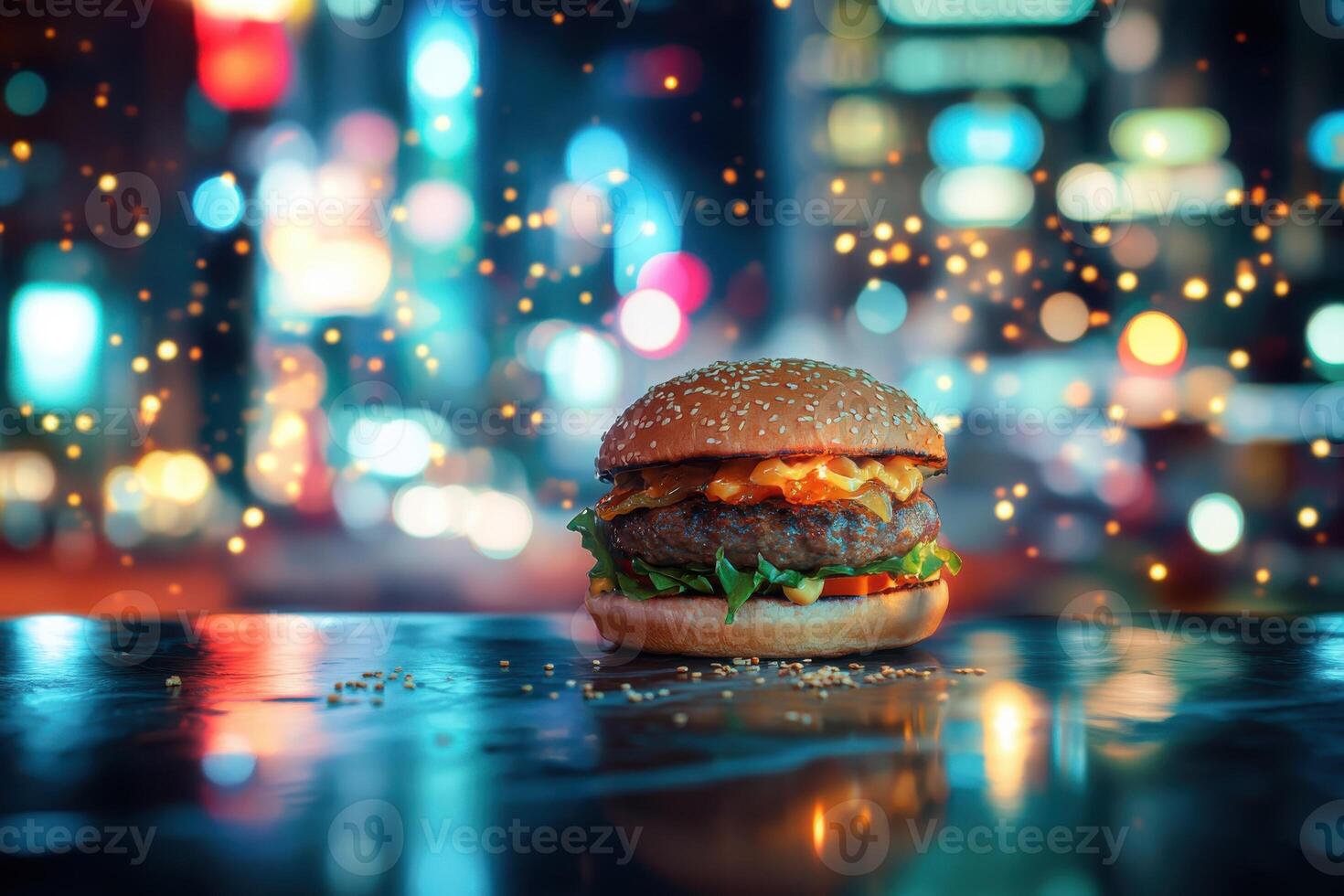 Tasty burger on a background dissolves into a bokeh rich city at night. photo