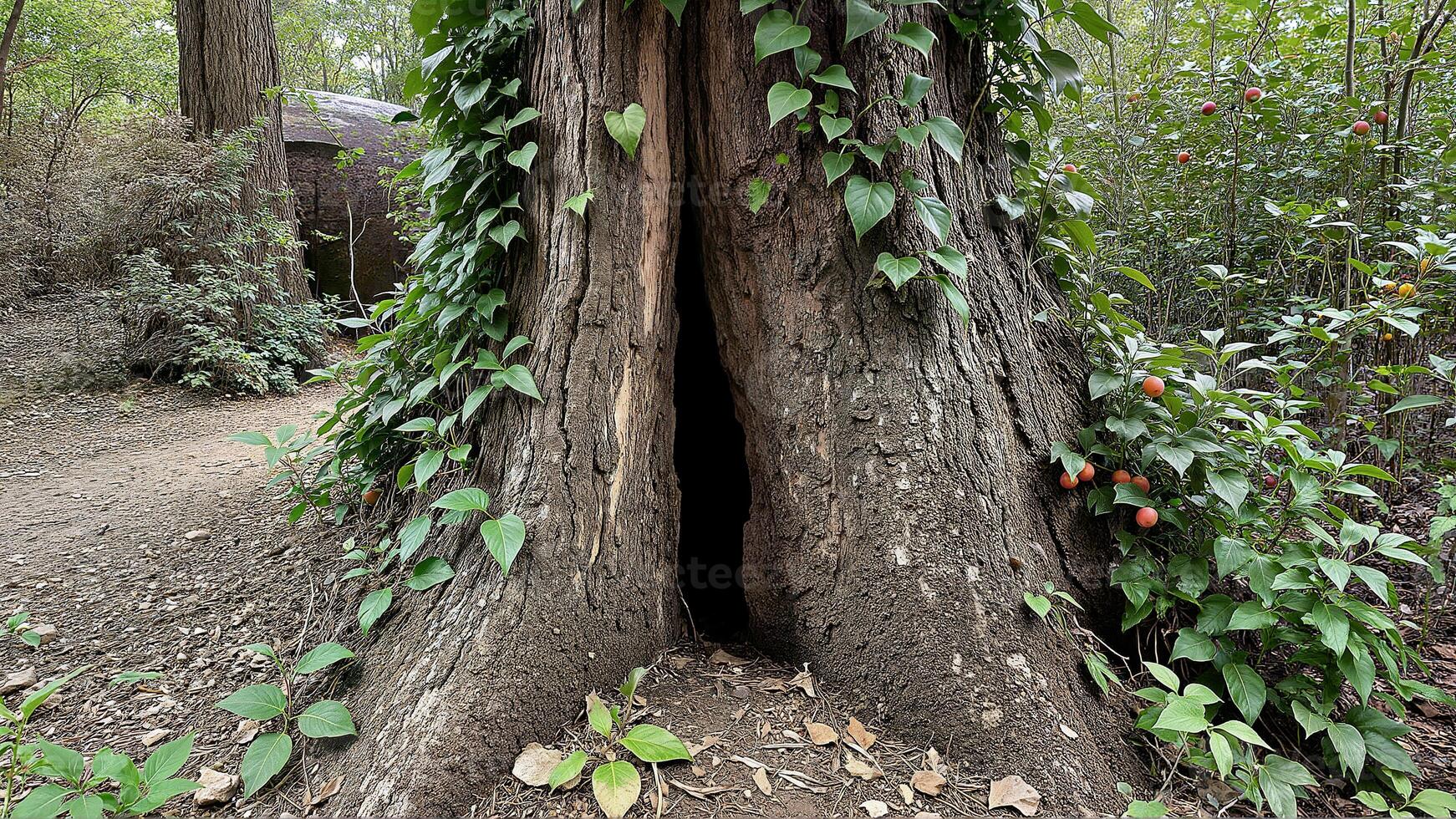 Hollow Tree Trunk in Lush Autumn Forest photo