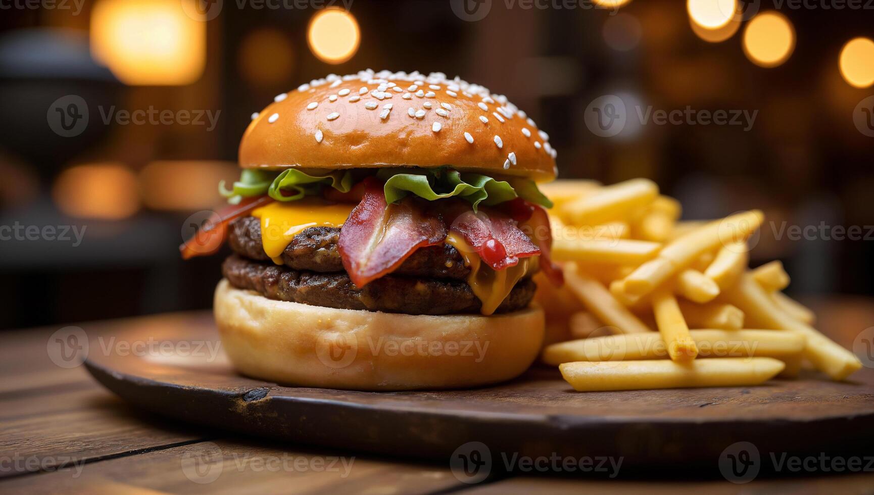 Classic Cheeseburger with Bacon and Fries photo