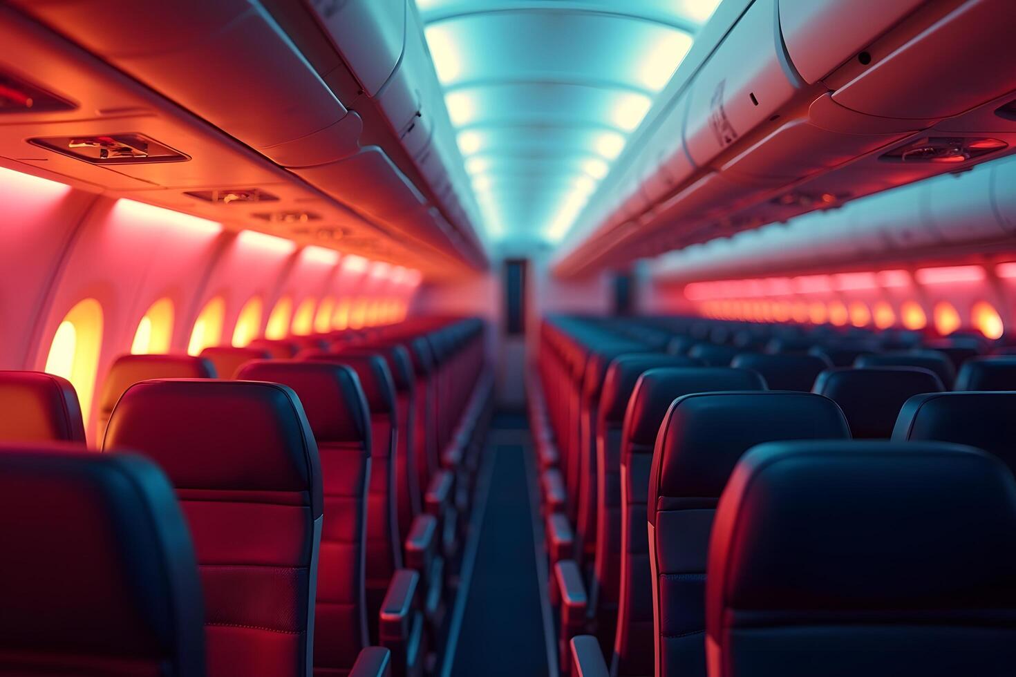 Empty airplane seats with red lights on the ceiling photo