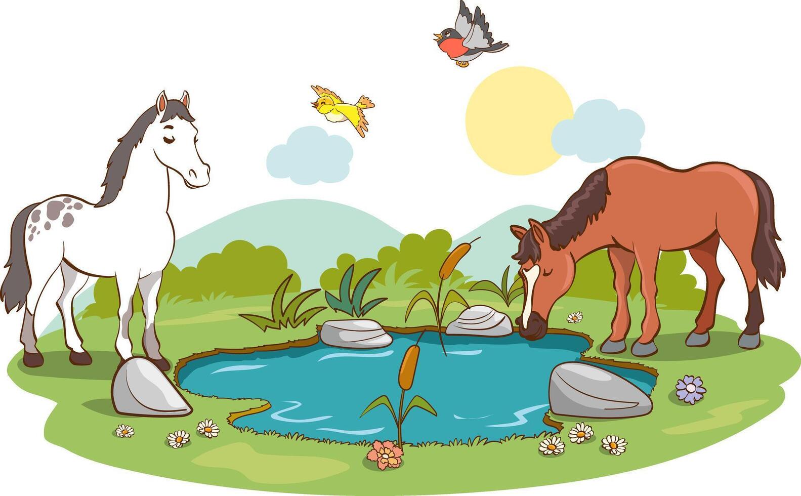 illustration of horses drinking water from a pond with nature landscape in the background vector