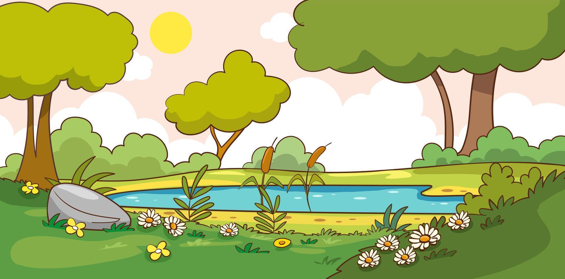 nature landscape with green grass, water, sky and clouds. vector