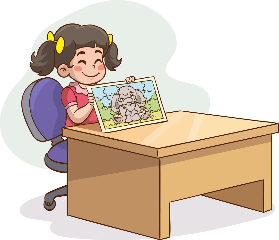 happy cute little child doing puzzle illustration vector