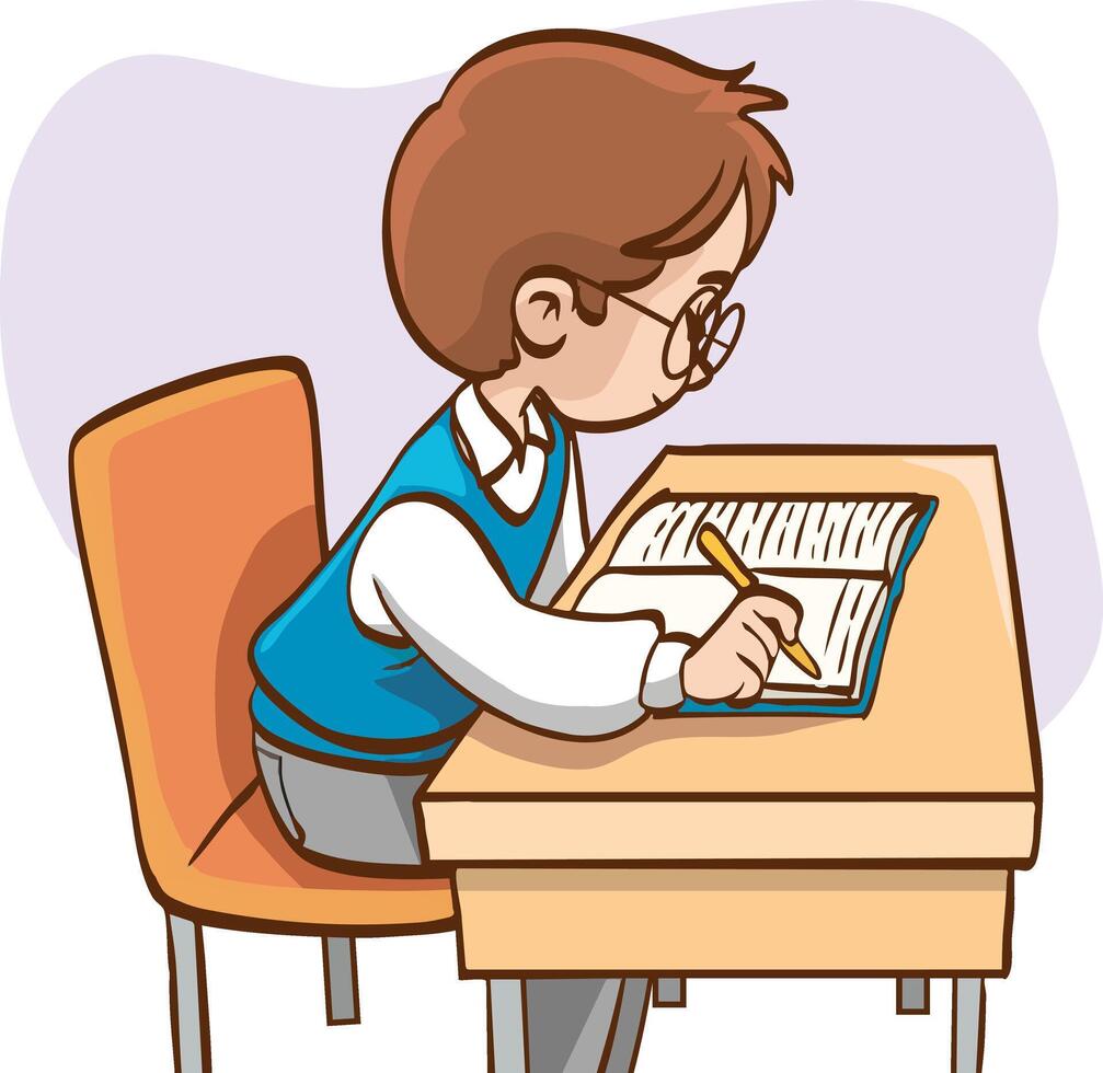 Illustration of a boy Doing Her Homework During School.cute schoolboy writing at the desk vector