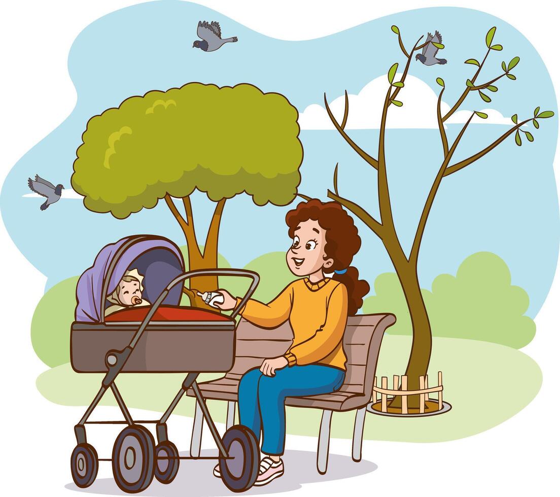 mother pushing her baby in a stroller in the park vector