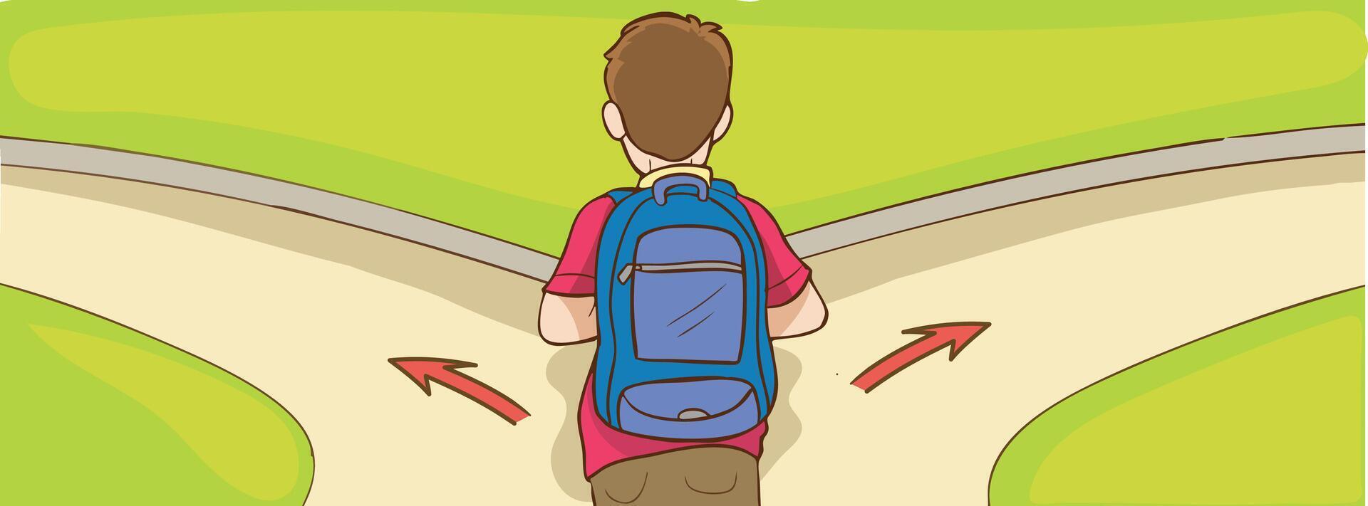 A boy with a backpack goes to school. crossroads. two ways choice time illustration. vector