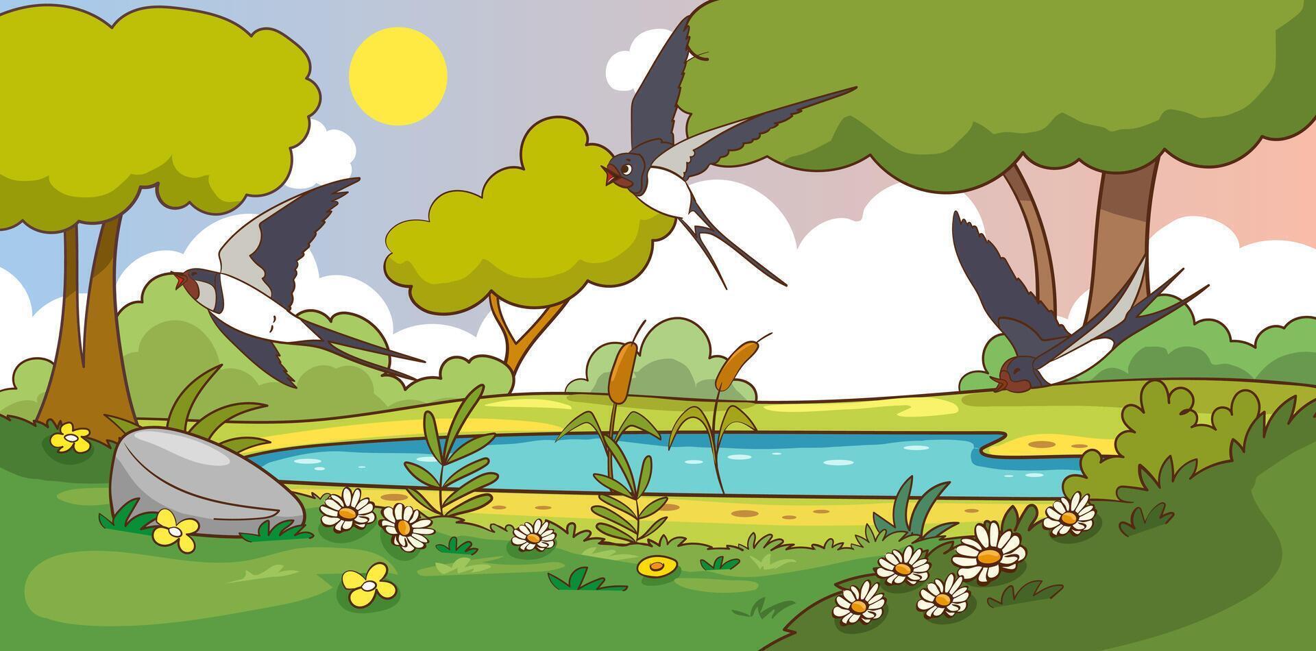 illustration flying above nature lake landscape background vector
