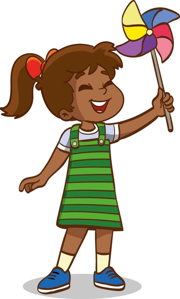 cute little kid playing with a colorful windmill toy flat style isolated on white background illustration vector