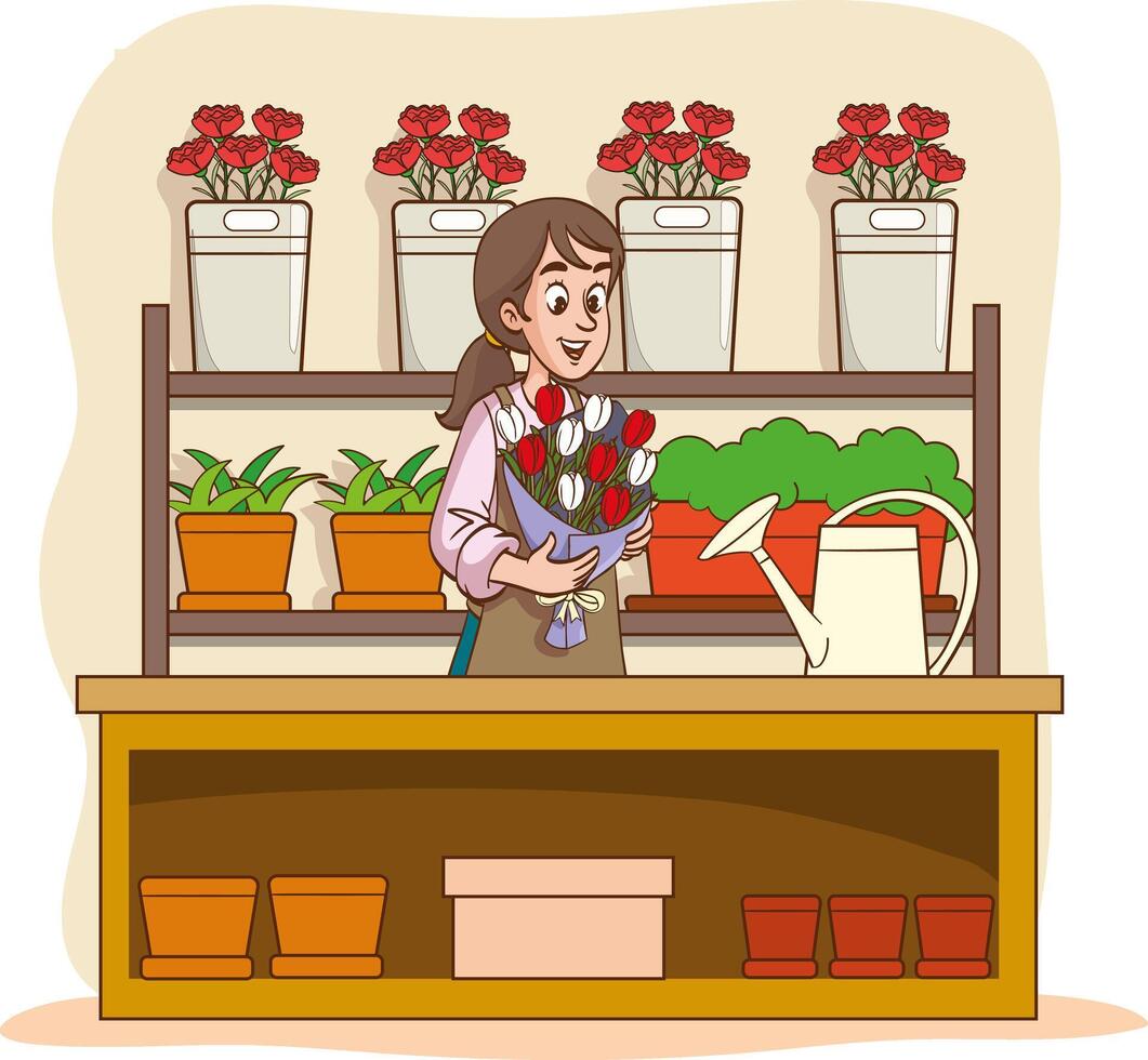 florist woman works in shop illustration vector