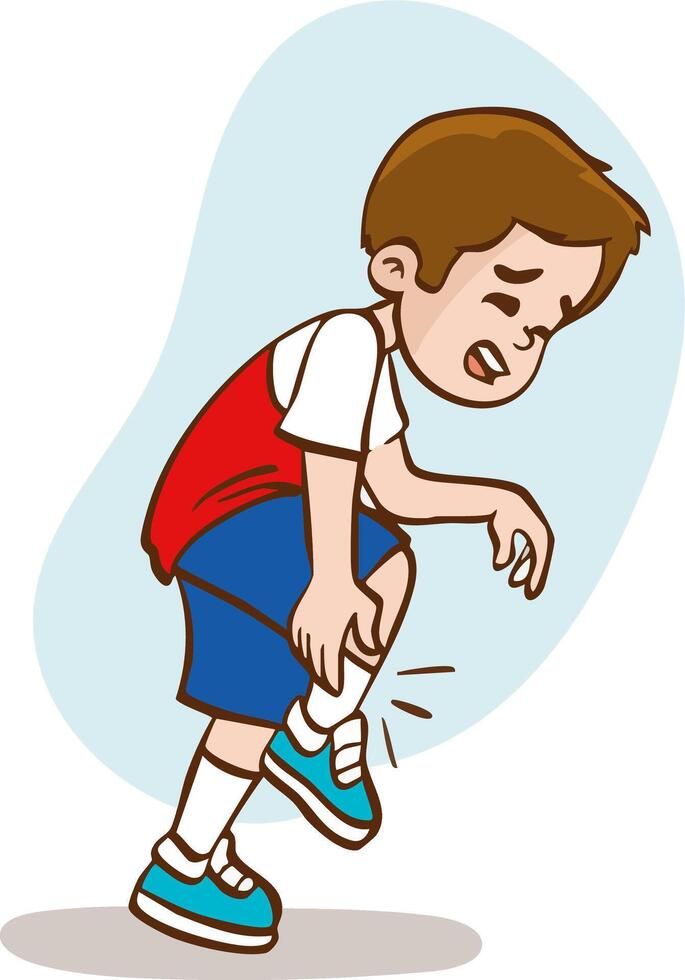 Sad little boy tries to walk holding his injured leg which is bruised and bruised after falling vector