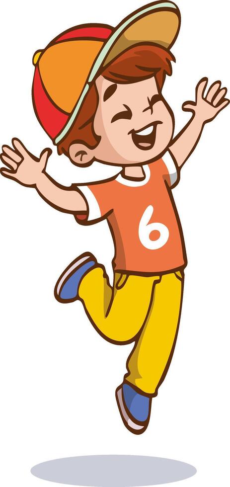 happy cute kid excited, jumping with both hands up, feeling happy illustration vector