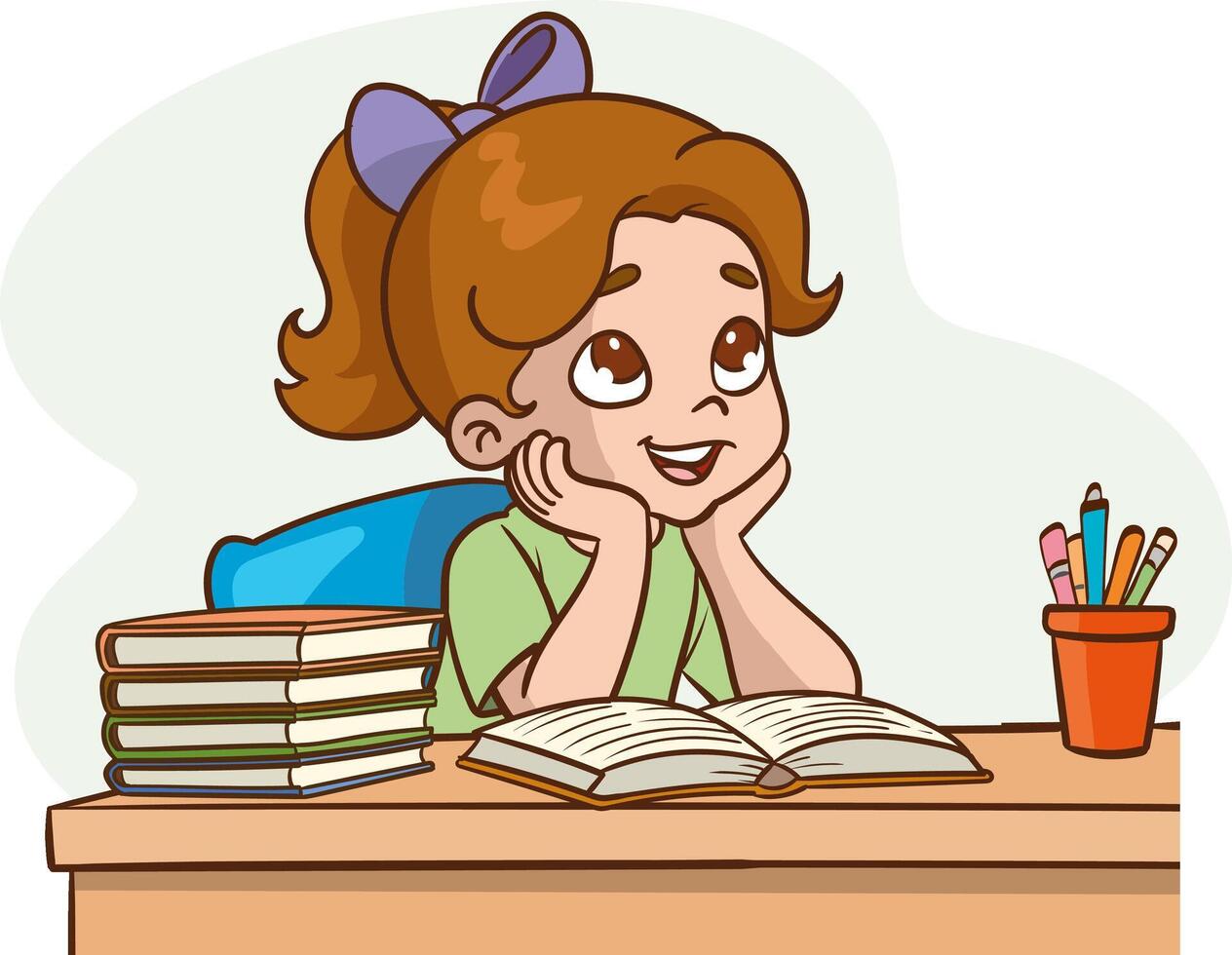 Illustration of a Little Girl Thinking While Studying at the Table with Books vector