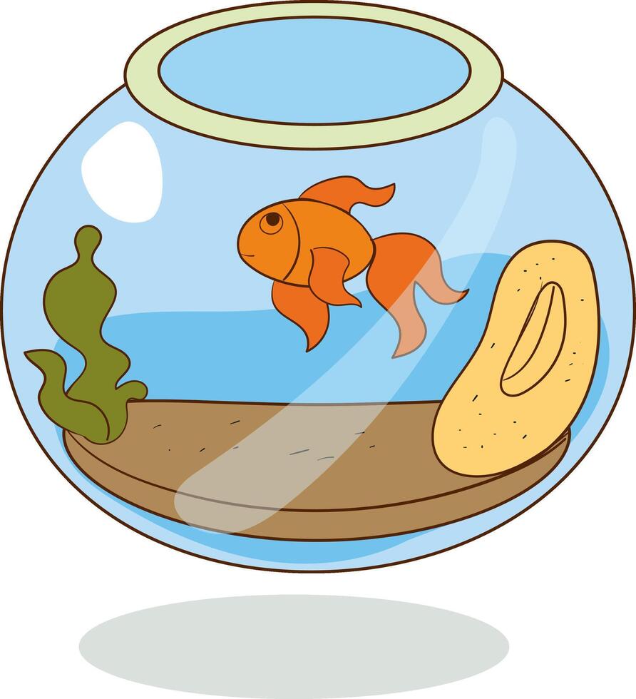 Cute goldfish in round aquarium illustration. Cartoon isolated on white background vector