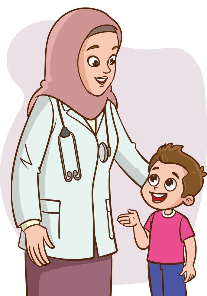 Illustration of a Muslim Female Doctor Talking to a Little Child Patient vector