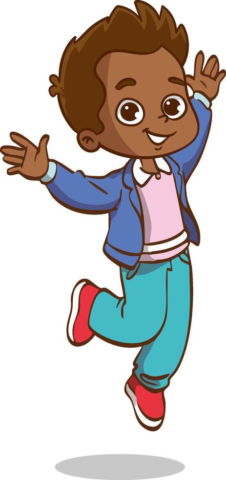 cute little boy excited, jumping with both hands up, feeling happy illustration vector