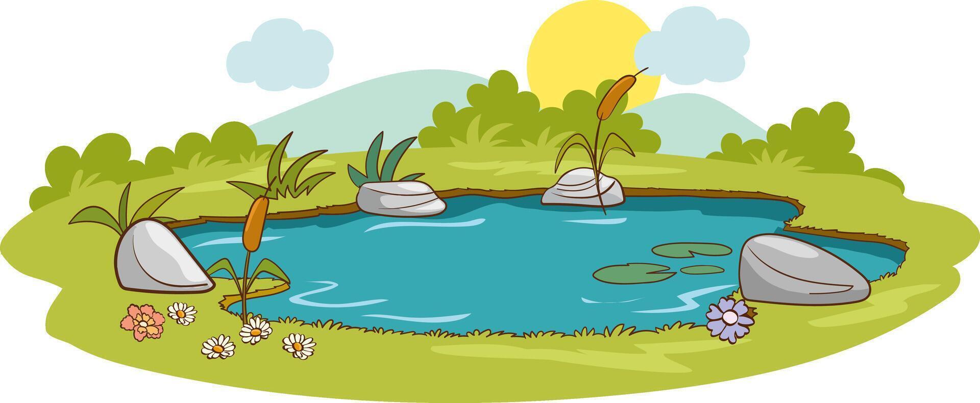 Wild nature landscape with green grass, water, sky and clouds. Panoramic summer view with river, lake, flowers and plants in good warm weather. vector