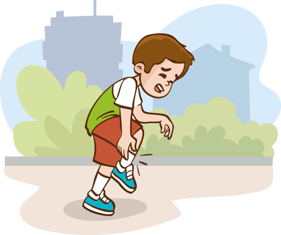 sad little boy injured his knee, he is trying to walk holding his injured leg which is bruised and injured after falling vector